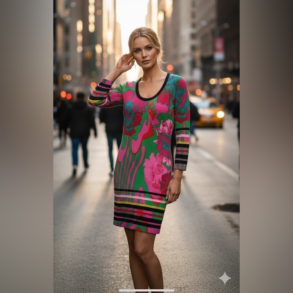 Roberto Cavalli Printed Scoop Neck Long Sleeve Mini Dress Size 44/ Size 8